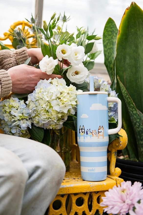 Zak Designs Bluey Sutton Travel Tumbler for On the Go, 30oz Stainless Steel with Vacuum Insulation, Silicone Straw, and Carry Handle for Cold Drinks (Bluey, Bingo, Bandit, Chilli)