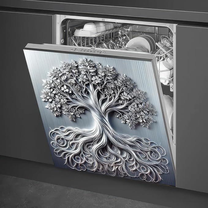 BlissYard Tree of Life Dishwasher Magnet Cover Skin Panel Magnetic Dishwasher Covers Decorative Sliver Metal of Life Front Door Magnet Cover Home Appliances Dishwasher Refrigerator Cupboard 23x26 Inch
