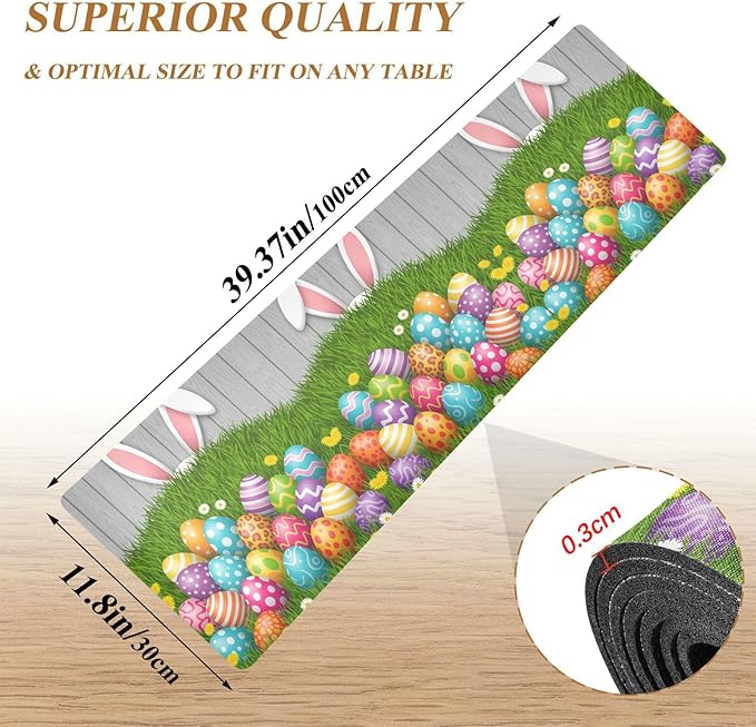 Easter Trivet Table Runner 40 Inches Long Rabbit Bunny Colorful Eggs Heat Resistant Hot Pad Multi Purpose Mat for Hot Pots Pans Kitchen Countertops