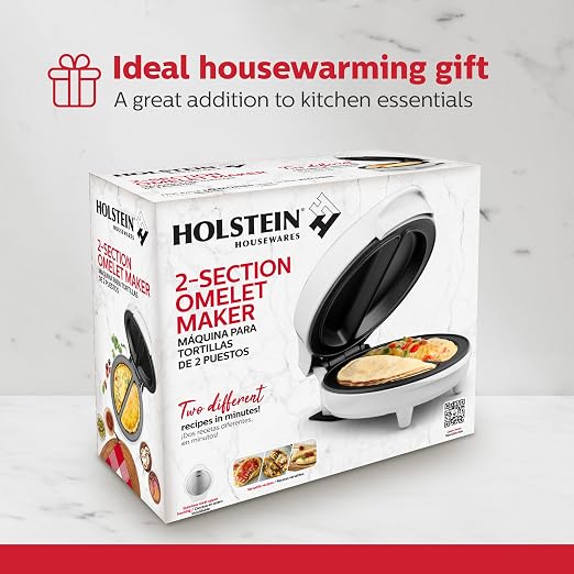 Holstein Housewares Stainless Steel 2 Section Omelet & Frittata Maker, Non Stick Coating, Easy To Clean, Indicator Lights, Compact Storage, Prepare Versatile Recipes in Minutes. 2 Portions, White