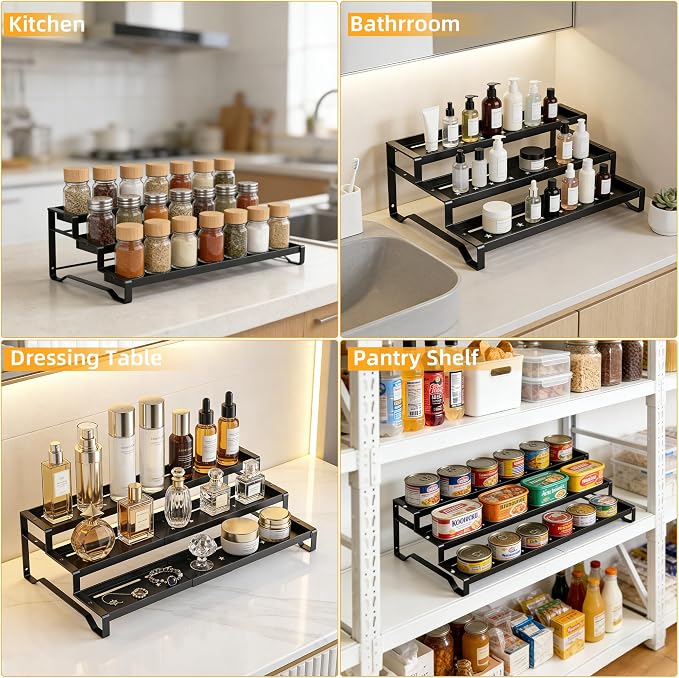 3-Tier Spice Rack Organizer 2 Pack, 13"-21.5" Expandable Spice Organization Shelf, Metal Seasoning Organizer for Kitchen Countertop or Pantry, Slip-Resistant Design for Jars and Bottles, Black