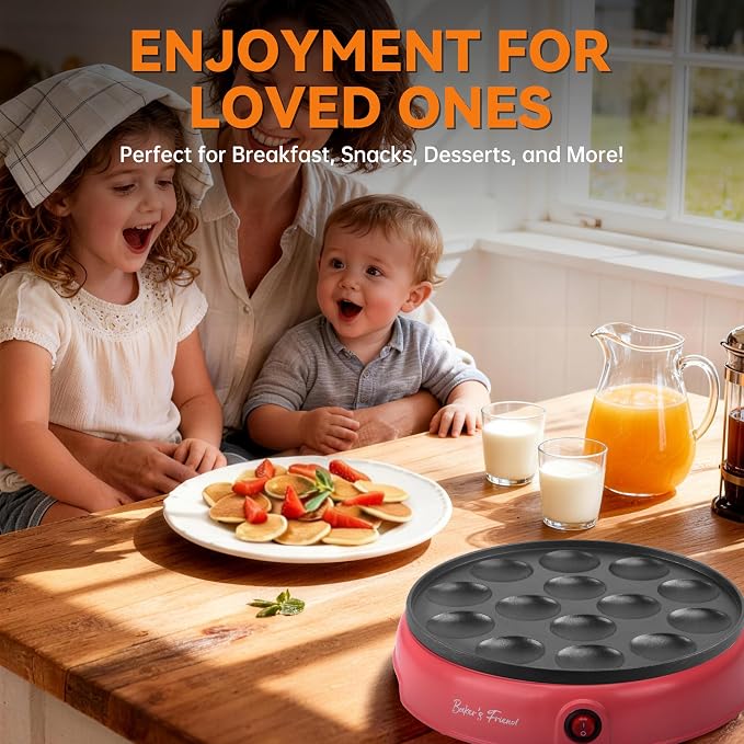 Baker's Friend Mini Pancakes Maker Machine, Dutch Mini Pancake Griddle, 14 Holes Electric Poffertjes Pan, Ideal for Breakfast, Snacks, Desserts & More, Red