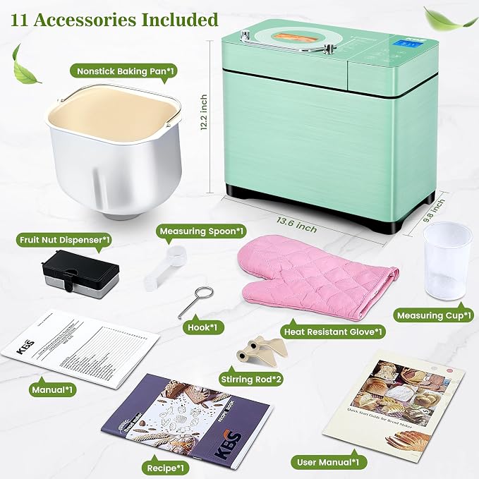 KBS 2.2LB Bread Maker, 710W Convection Bread Machine with Dual Heaters, Healthy Nonstick Ceramic Pan, Auto Nut Dispenser, 17-in-1 Bread Maker Machine for Gluten-Free, Touchscreen, 15H Delay Timer