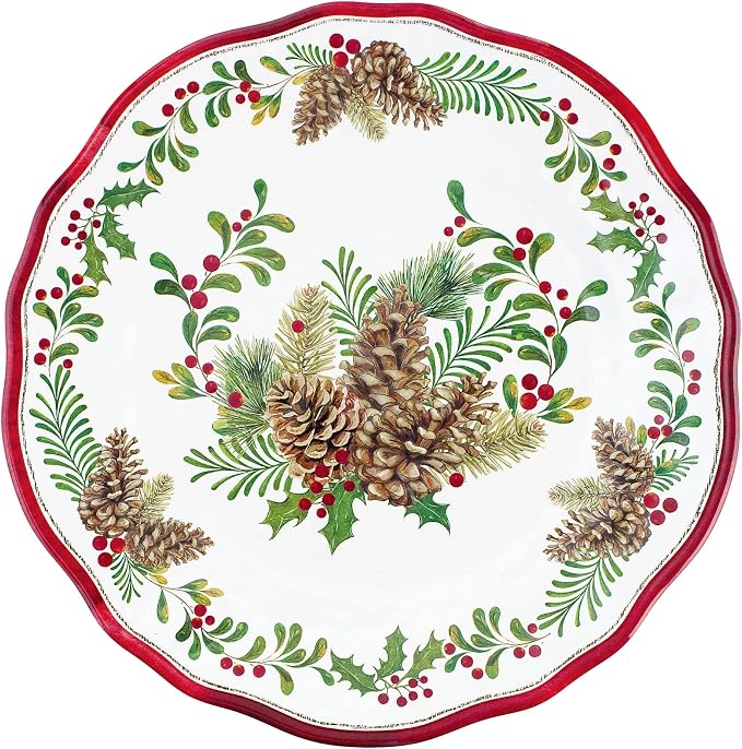 UPware 12 Piece Pinecones Melamine Dinnerware Sets, Outdoor Dishes Set, Plates and Bowls Sets, Christmas Decorations, Service for 4, Red