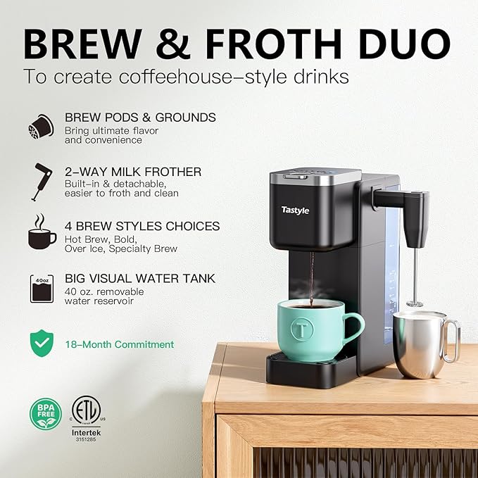 Tastyle Single Serve Coffee Maker with Built-in Detachable Milk Frother, with 30 Descaler Cleaner Tablets, Iced and Hot Coffee Machine for K Cup & Grounds, 40oz Removable Water Reservoir