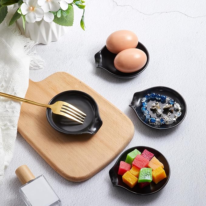 Bokon 4 Pack Ceramic Spoon Rest with Holder, Kitchen Utensil Rest for Stove Top, Dipping Sauce Dishes, Heat Resistant and Dishwasher Safe (Black)