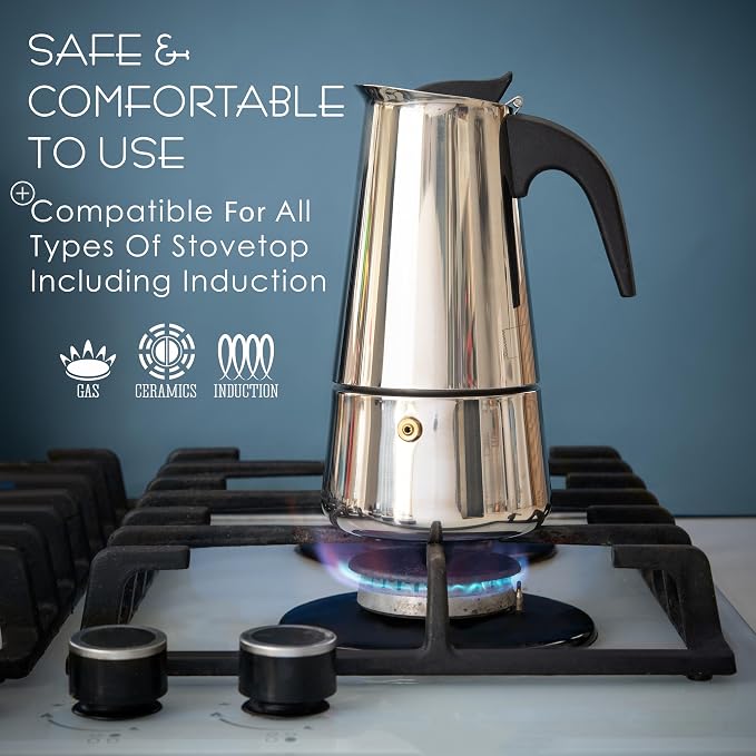 Mixpresso Bronze Stainless Steel Airtight Coffee Container with Date Tracker For Coffee & Tea, Vacuum Sealed Airtight Container, Coffee Jar 16 Ounces, Bundle With6 Cup Greca Stovetop Espresso Maker 30