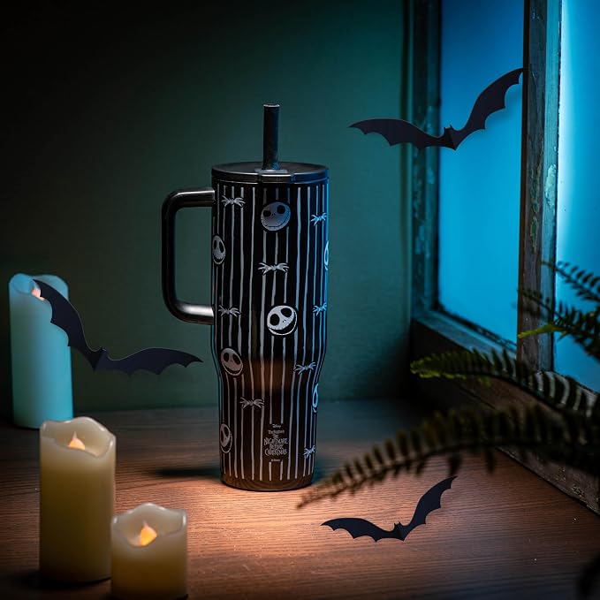 Zak Designs Disney Tim Burton's The Nightmare Before Christmas Sutton Travel Tumbler for On the Go, 30oz Stainless Steel with Vacuum Insulation and Silicone Straw for Cold Drinks (Jack Skellington)