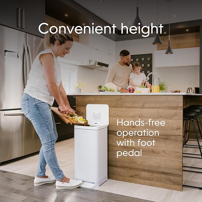 Kitchen Compost Bin, White Stainless-Steel Large, 3.6 Gallon, Indoor Odorless Composting, Hands-Free, Washable Parts, Includes 8 Tear-Off Compostable Bags and 1 Carbon Filter