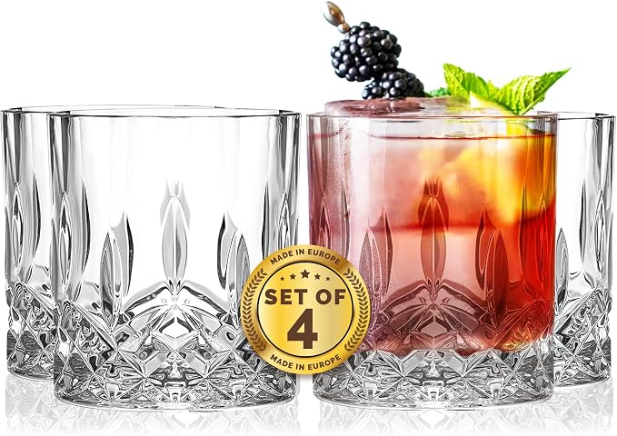 Barski Whiskey Glasses - Double Old Fashioned Rocks Glass - Set of 4 Lowball Tumbler - DOF Crystal Glass Tumblers - For Scotch - Bourbon - Water - Beverage - Drinking Glasses - 10.5 oz, Made in Europe