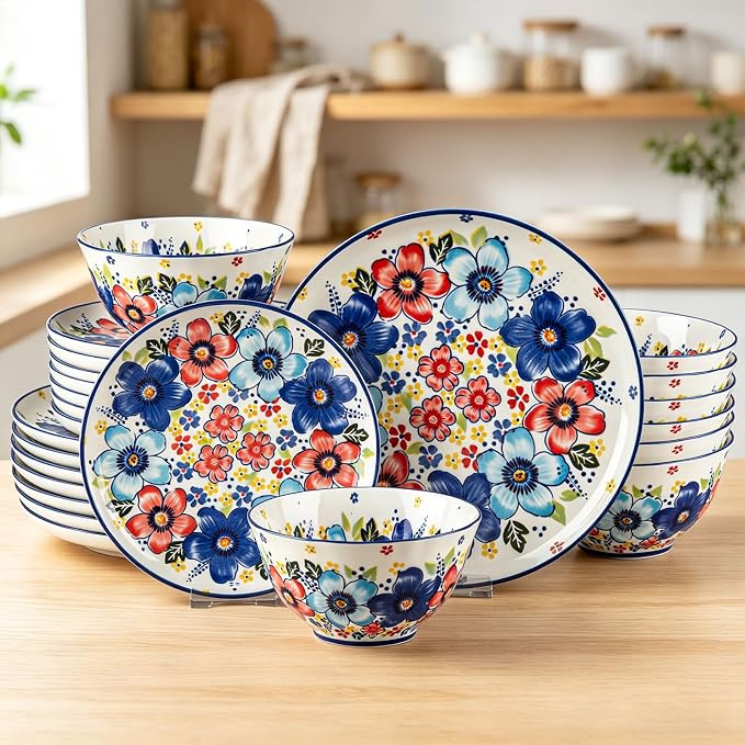 24-Piece Ceramic Dinnerware Set, Vibrant Floral, Service for 8, Colorful Floral Plates and Bowls, Microwave & Dishwasher Safe, Bohemian Style Porcelain Dish Set