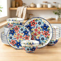 24-Piece Ceramic Dinnerware Set, Vibrant Floral, Service for 8, Colorful Floral Plates and Bowls, Microwave & Dishwasher Safe, Bohemian Style Porcelain Dish Set