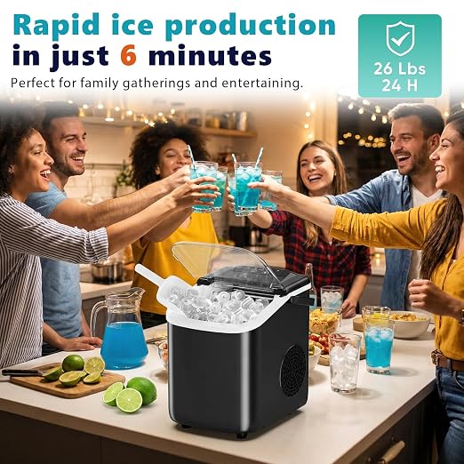 OLIXIS Countertop Ice Maker with Self-Cleaning, Portable Ice Maker Machine with Ice Scoop, 26Lbs/24H, 9 Cubes in 6 Mins, 2 Sizes of Bullet Ice for Home, Kitchen, Office