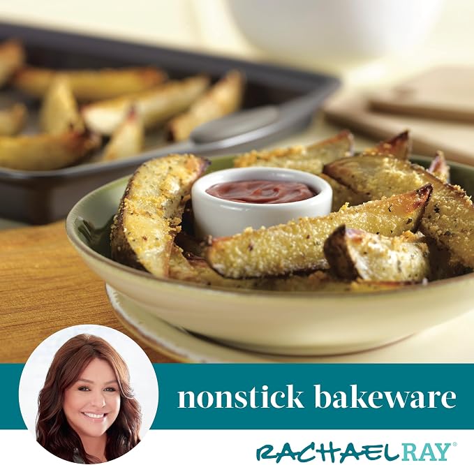 Rachael Ray Bakeware Nonstick Cookie Pan Set, Gray with Sea Salt Gray Silicone Grips, 3-Piece