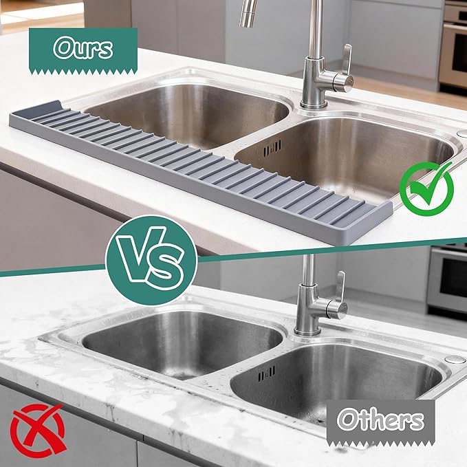 Silicone Sink Edge Protector Splash Guard, 24x4 Inch with Suction Cups & 5°Tilt, Cuttable for Kitchen Bathroom Countertops, Granite Quartz Surfaces (Gray)