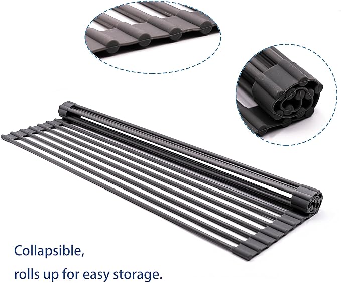 Bigdata&BetterLife Roll Up Dish Drying Rack Simple Large Space Saving Dish Drying Mat for Kitchen Foldable Silicone Coated Stainless Steel Heavy Duty Dry Rack(Black, 20.5" x 13.1")