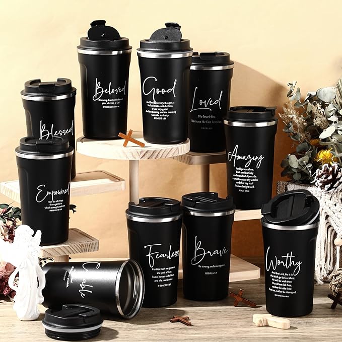 Meanplan 10 Set Father's Day Christian Gift Bible Verse Tumbler Bulk 17oz Coffee Cup Religious Jesus Tumbler Inspirational Mug for Men Father Church Holy Week Teacher Pastor (Black, Bible Word Style)