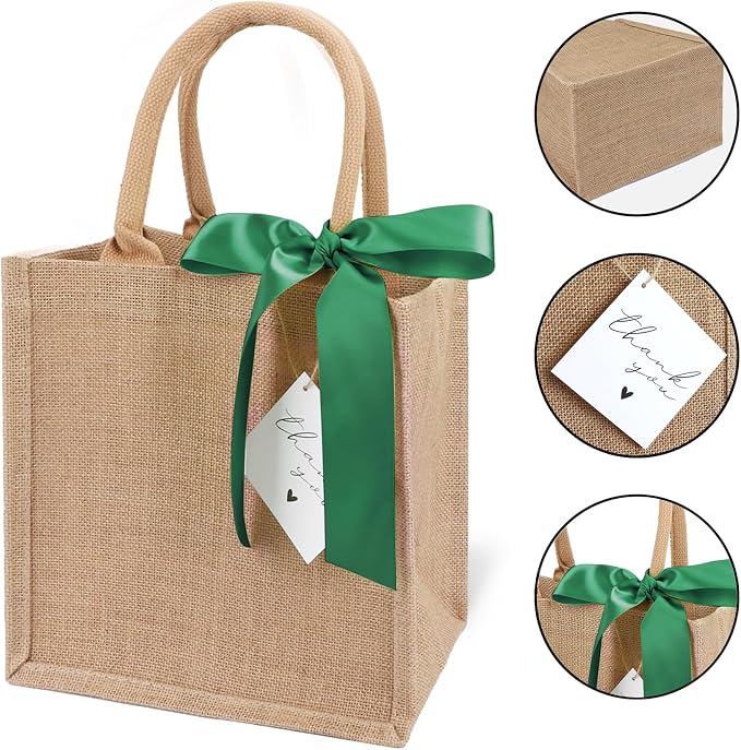 6 Pack Burlap Tote Bags with Handles Reusable Small Jute Gift Bags with Dark Green Silk Ribbons Waterproof Lining for Wedding Bridesmaid Mother's Day Bachelorette Beach Party
