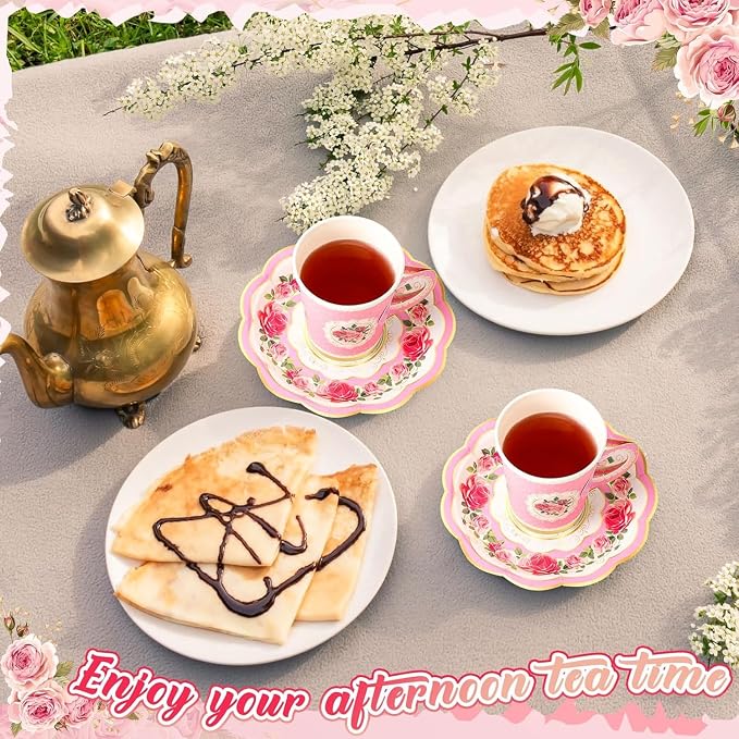 Jasni 168 Pcs Floral Paper Tea Cups and Saucers Set, Severs Disposable Tea Party Supplies 6 Inch Plate, Saucer, Napkin, Paper Tea Cups with Handle for Tea Party Decorations
