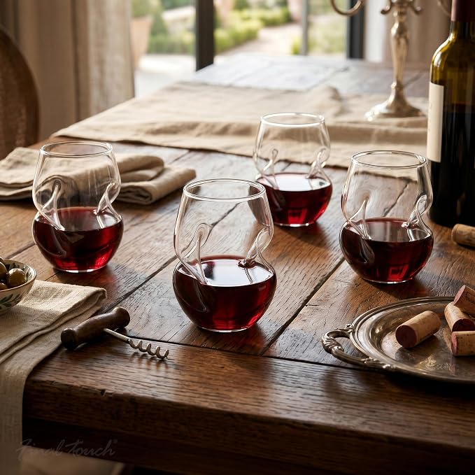 Final Touch Conundrum Red Wine Glasses - Set of 4 Stemless Handcrafted Glasses - 16 Ounce - Curves for Comfortable Holding - Dishwasher Safe (GG5009)