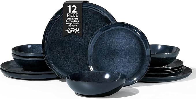 Herogo 12pcs Stoneware Dinnerware Sets for 4, Irregular Handmade Dinner Plates and Bowls, Kitchen Dining Dish Dishware Set, Microwave & Dishwasher Safe,Starry Blue