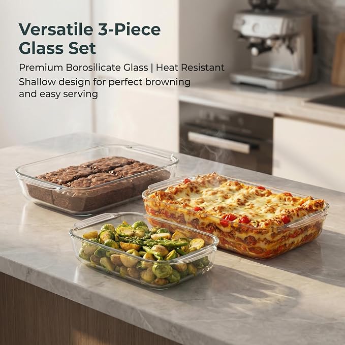 High Borosilicate Glass Baking Dishes for Oven, (2.3QT, 1.6QT, 1.0QT, 3 Pack) Rectangular Bakeware Sets, Deep Glass Casserole Dishes with Handle for Microwave, Baking, Meal Preparation