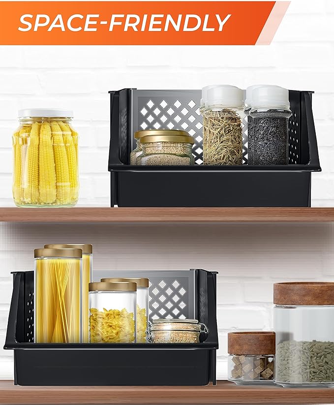 TidyFriend 3 Pk Large Stackable Storage Bins Open Front for Pantry Organizers and Storage, Pantry Storage for Food, Kitchen and Home Organization, Plastic Storage Bins, Dorm Room Essentials (Black)