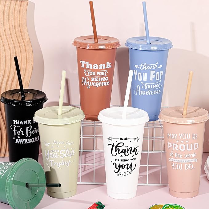 Kochorie 48 Pieces Thank You Cups 24 Oz Inspirational Plastic Tumbler Cup with Lids and Straws Reusable Appreciation Gift Bulk Thank You Gifts for Staff Coworker Teacher Employee, Neutral