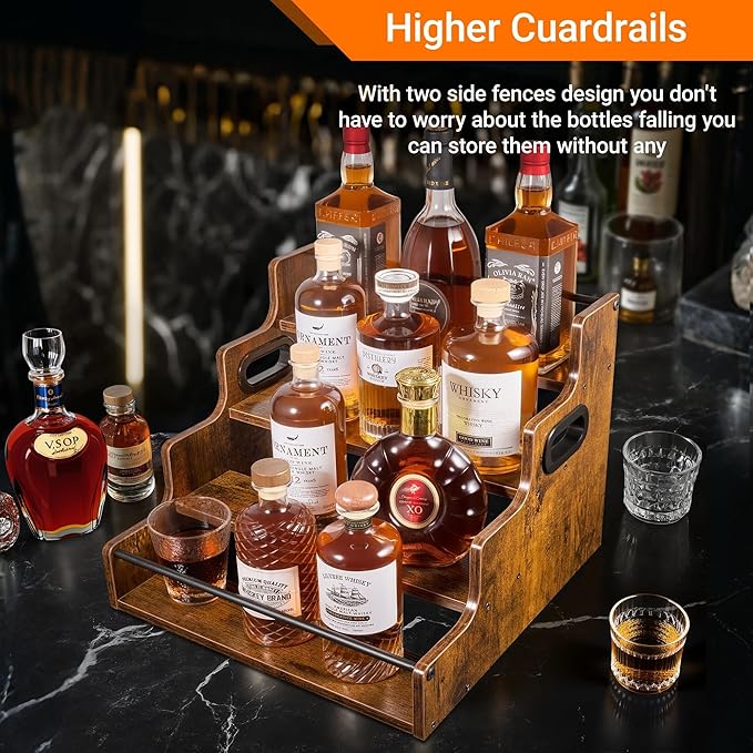 YQBRAO 2 Pack 4-Tier Liquor Bottle Display Shelf, 16-Inch Wooden Bar Shelves for Liquor Bottles, Countertop Whiskey Shelf and Bourbon Shelf Organizer for Home Bar, Kitchen (Rustic Brown)