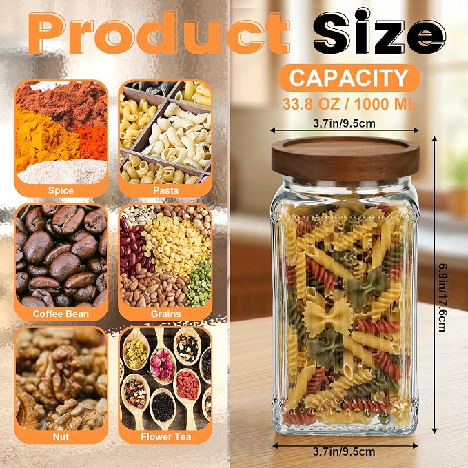 6 Pcs Vintage Glass Storage Jar with Lid 34 oz Glass Containers Stylish Ribbed Pattern Airtight Kitchen Jars Candy Jar for Food Cookies Candy Coffee Tea Beans Grains Storage