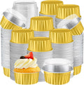 Gejoy 600 Pcs Aluminum Foil Baking Cups with Lids 5 oz Disposable Ramekins Mini Cake Pans Creme Brulee Cupcake Liners Muffin Dessert Container for Wedding Birthday Party (Classic,Gold Color)