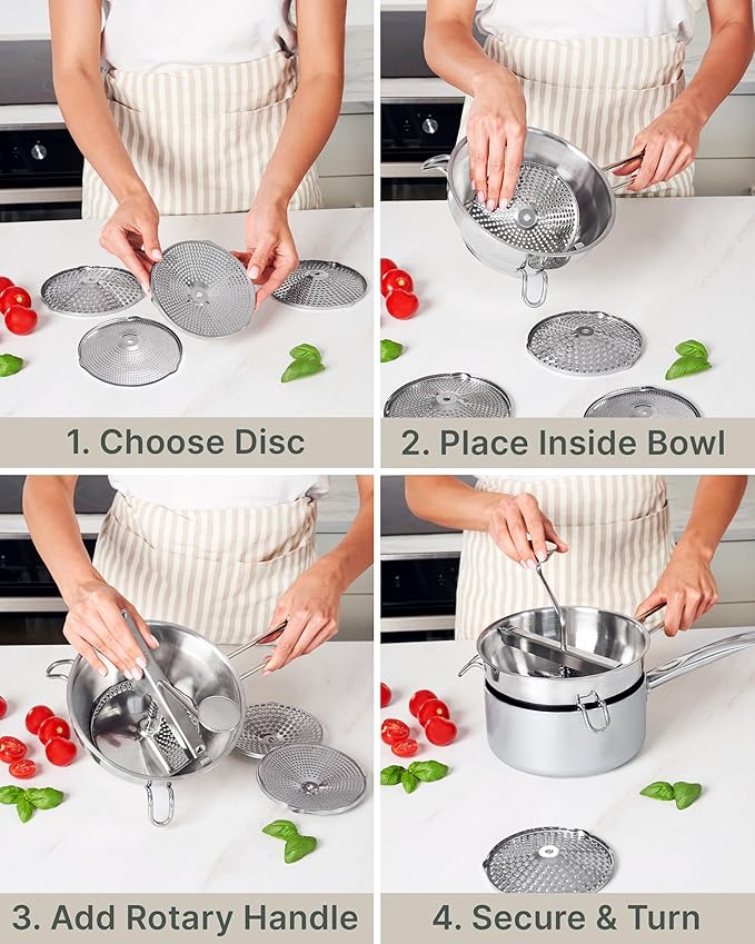 Premium 4-Disc Stainless Steel Food Mill – Ergonomic Rotary Hand Crank for Tomato Sauce, Canning, Applesauce, Baby Food, Mashed Potatoes, Puree & Jams