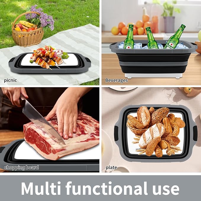 2-Pack XL Collapsible BBQ Prep Tub with Lid (4.22 Gal / 16L) - Built-In Cutting Board & Strainer, Large Meat Marinade Container, Camping Sink & Food Storage Bin for Grilling, Outdoor Cooking - Black