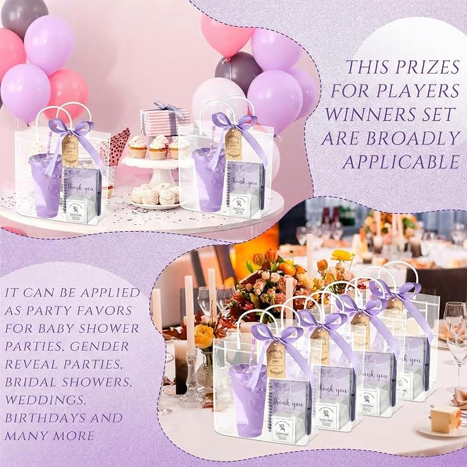 Nuogo 6 Sets New Parent Shower Prizes for Player Winners Adult, Wedding Bridal Shower Gift, Plastic Tumbler Notebook Scented Candle Ballpoint Pen Bag (Purple Color,Classic Style)