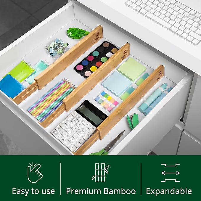 ROYAL CRAFT WOOD Drawer Divider and Organizer for Kitchen Organization - Luxury Bamboo Silverware Drawer Organizer