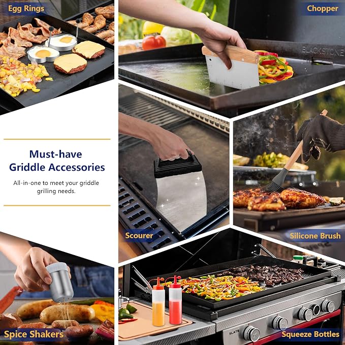 Joyfair 18Pcs Griddle Accessories Kit for Blackstone, (Wooden Handles) | Flattop Grilling Accessory Set With Smash Burger Press, Stainless Steel Spatula Tool, Basting Cover For Outdoor BBQ Cooking
