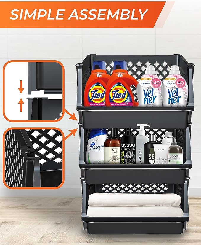 TidyFriend 3 Pk Large Stackable Storage Bins Open Front for Pantry Organizers and Storage, Pantry Storage for Food, Kitchen and Home Organization, Plastic Storage Bins, Dorm Room Essentials (Black)