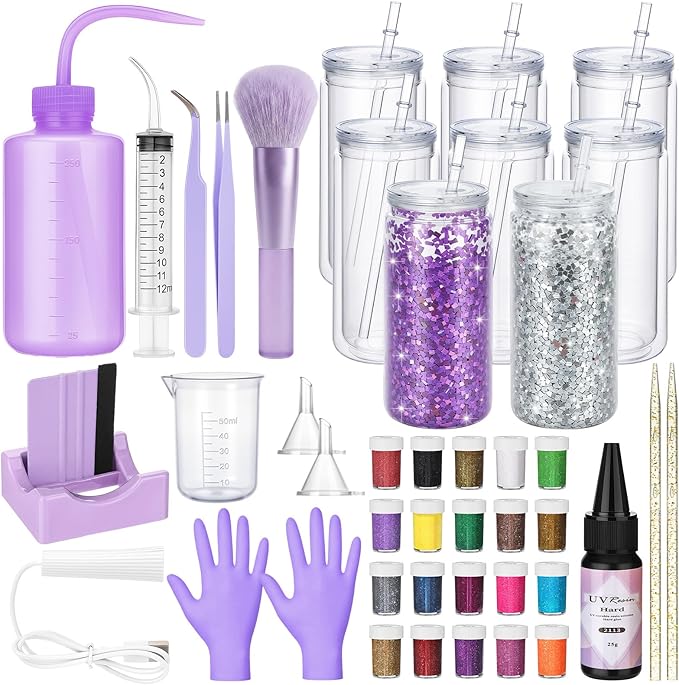 Meanplan 8 Pack DIY Plastic Snow Globe Tumbler Supply Kit 16oz Pre Drilled Double Wall Cup 20 Colors Glitter Squeeze Bottle Funnel Tweezer Syringe Cradle Measuring Cup Flashlight Buffer Glove(Purple)