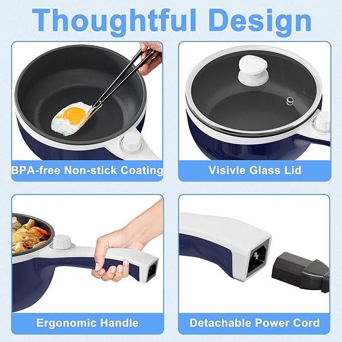 Dezin Hot Pot Electric Upgraded, Non-Stick Sauté Pan, Rapid Noodles Electric Pot, 1.5L Mini Portable Hot Pot for Steak, Egg, Fried Rice, Ramen, Oatmeal, Soup with Power Adjustment