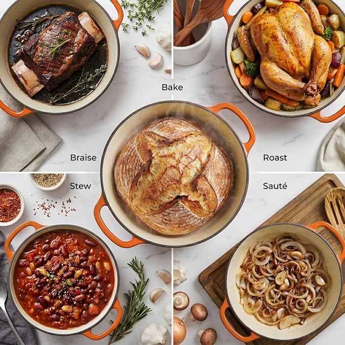 Zulay Kitchen 7.7 Quart Enameled Cast Iron Dutch Oven Pot with Lid – Premium Durability & Oven Safe up to 500°F – Heavy Duty Cookware Perfect for Bread Baking, Stews, Braising & Roasting – Orange