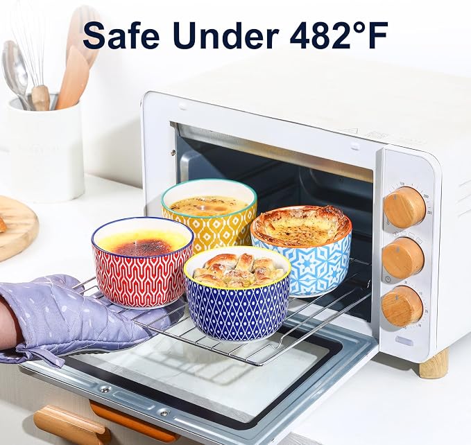 Selamica Ceramic Ramekins with Lids, 10 OZ Creme Brulee Ramekins with Covers Oven Safe, Custard Cups Small Baking Bowls for Souffle, Pudding, Onion Soup, Dips, Set of 6, Assorted Colors