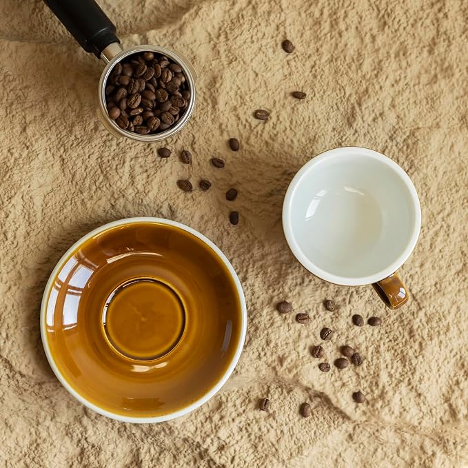 Loveramics Coffee Cup Ceramic, 8 oz Latte Art Cup with Saucer for Cappuccino, Tea, Espresso, Thick - walled stoneware Cappuccino mug Set for Cafe and Barista - Potters Colours (Caramel, 8OZ)