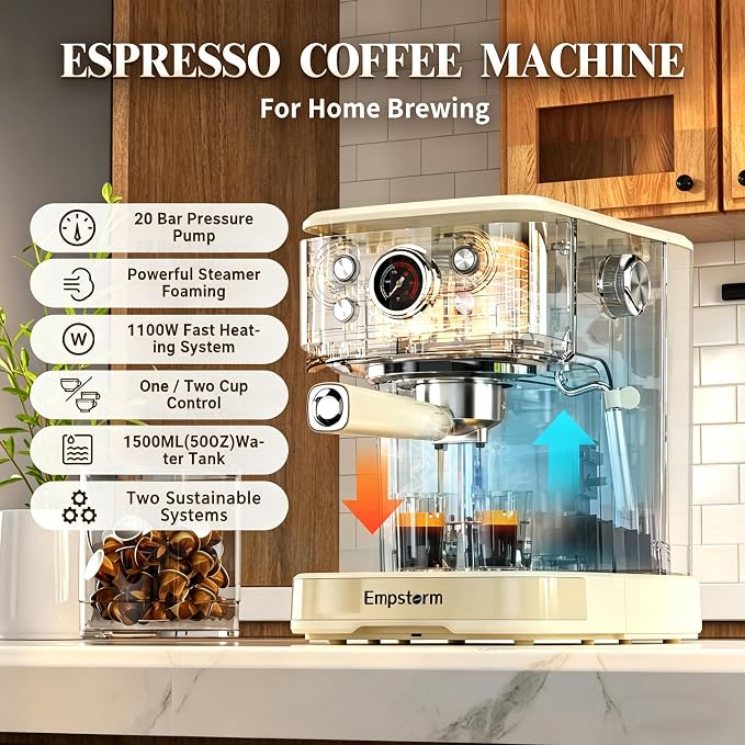 Empstorm Espresso Machine 20 Bar, 2 in 1 Espresso Maker with Milk Frother Steam Wand for Latte and Cappuccino, Powder and Capsule Portafilter, 50oz Removable Water Tank Coffee Machine for Home-White
