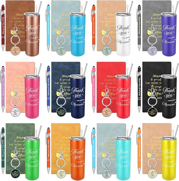 Ireer Employee Appreciation Gifts Thank You Teacher Gifts 20 oz Insulated Tumbler Keychain Pen Notepad(Stylish Colors,12 Sets)