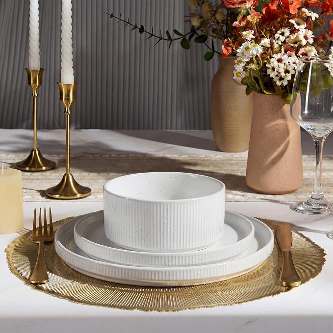 E-far Stoneware Dinnerware Sets for 2, 6-Piece Plates and Bowls Sets, Chip & Scratch Resistant Ribbed Dish Set for Home Restaurant, Microwave & Dishwasher Safe, Speckled White