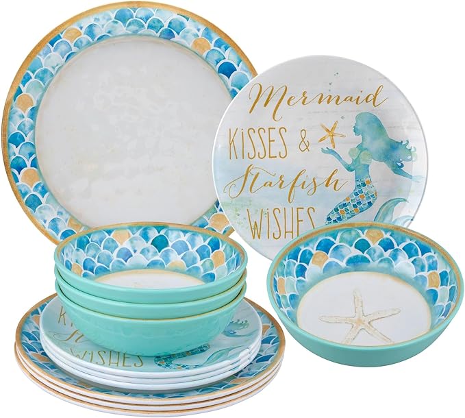 UPware 12 Piece Mermaid Melamine Dinnerware Sets, Outdoor Dishes Set, Plates and Bowls Sets, Service for 4, Blue