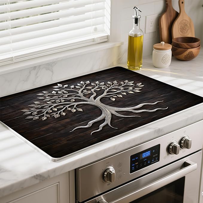 Stove Top Cover- Mat for Electric Stove Protector with Anti-Slip Rubber Coating Dish Drying Mats Scratch-Resistant (Old Tree, 28.5" x 20.5")