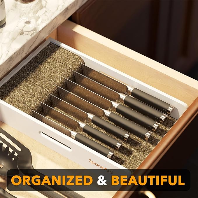SpaceAid Knife Drawer Organizer 9 inches Wide Bamboo Insert Dock, Kitchen Steak Knives Holder Organizers Block for Drawer in Storage Organization (Medium, White)