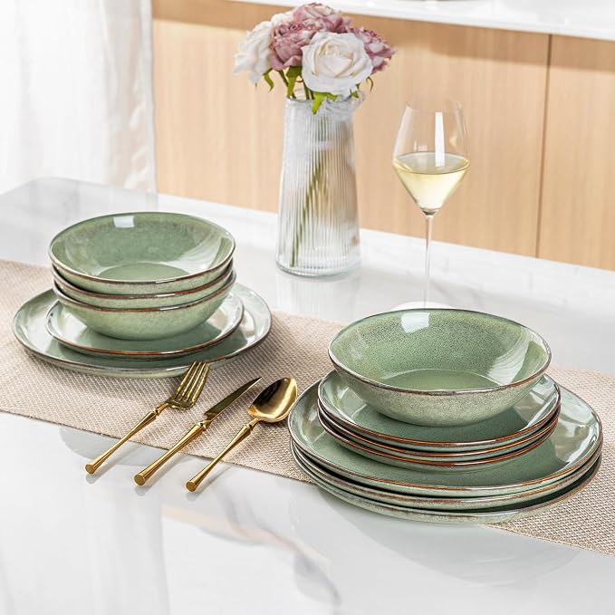 AmorArc Ceramic Dinnerware Sets,Handmade Reactive Glaze Stoneware Plates and Bowls Sets,Highly Scratch Resistant | Dishwasher & Microwave Safe Dishes Set,Service for 4 (12pc)