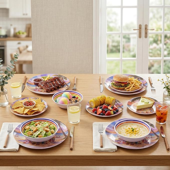 12 Piece Melamine Plates and Bowls Set, Beach Sunset | Melamine Dinnerware Set，Service for 4, Unbreakable, Stackable & Lightweight, Indoor & Outdoor Us